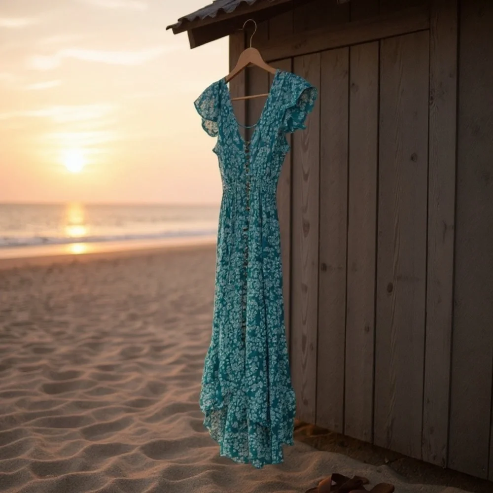 Tiare Hawaii Teal Floral Button Front Maxi Dress Ruffle Sleeve S/M NWOT
